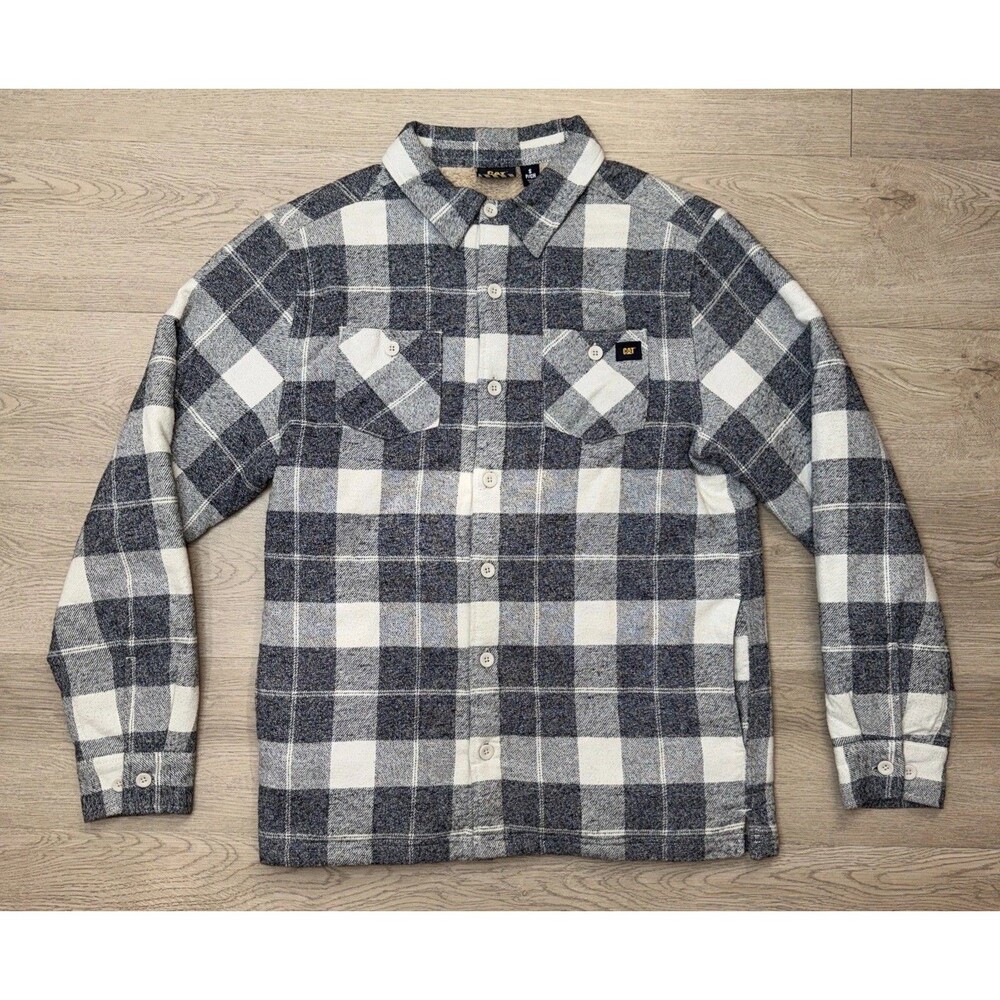 CAT Caterpillar Mens Small Sherpa Lined Flannel Shirt Jacket Plaid Shacket Gray